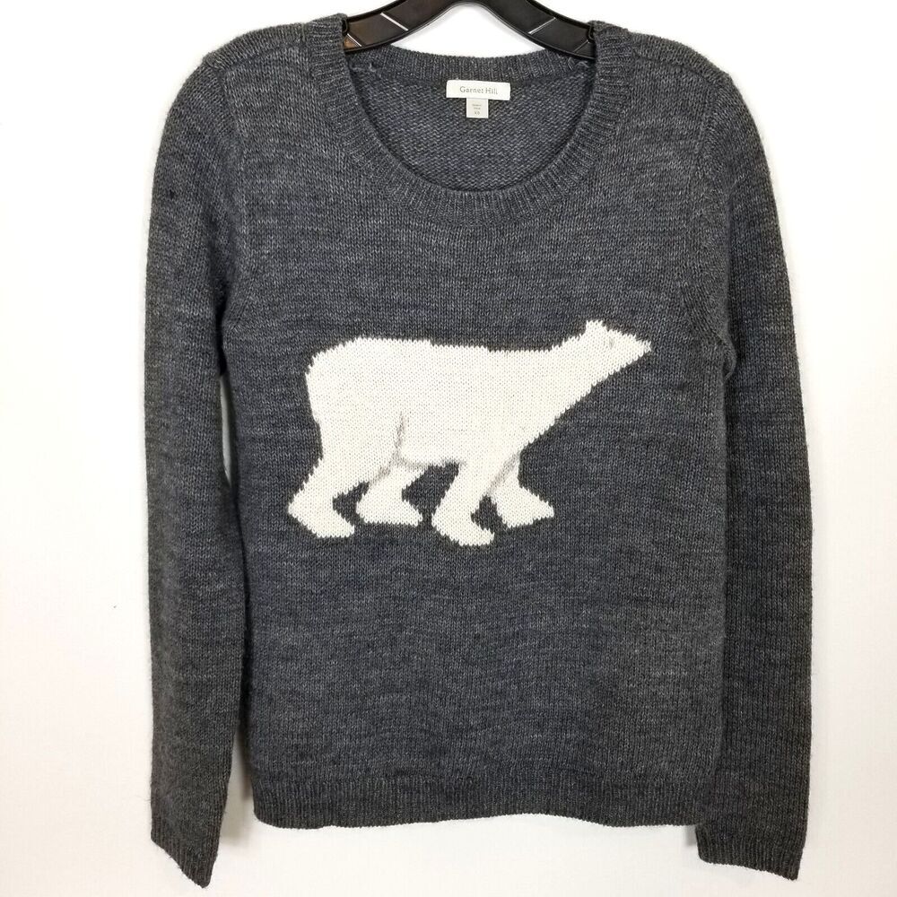 Garnet Hill Women Wool Alpaca Blend Sweater Pullover Size XS‎ Gray Polar Bear